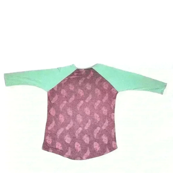LulaRoe Randy Raglan Tee Purple and Green Feather Pattern Large - Picture 2 of 7